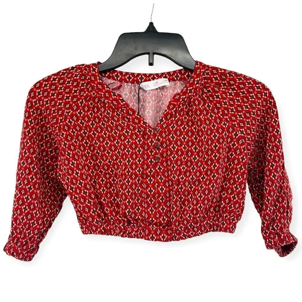 Zara Girl’s Red Abstract Aztec Print 100% Viscose Pullover Cropped Top Size 6